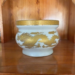 Lư Hương Sứ Trắng Rồng Vàng Hoa Văn Cao Cấp - Cao 12cm Ngang 15.5cm