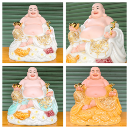 Tượng Di lặc cầm gậy như ý bằng đá cao 29cm – 3 màu