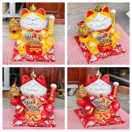 Mèo Thần Tài  Vẫy Tay Phong Thuỷ Gốm Sứ Cao Cấp cao 27cm (Đỏ, Vàng)