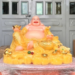 [16inch] Tượng Phật Di Lặc cầm gậy như ý ngang 38cm đá nhập khẩu màu vàng thạch anh