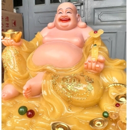 [16inch] Tượng Phật Di Lặc cầm gậy như ý ngang 38cm đá nhập khẩu màu vàng thạch anh