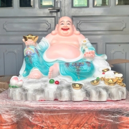 [16inch] Tượng Phật Di Lặc cầm gậy như ý ngang 38cm đá nhập khẩu màu Xanh Gấm