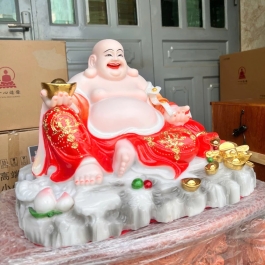 [16inch] Tượng Phật Di Lặc cầm gậy như ý ngang 38cm đá nhập khẩu màu Đỏ