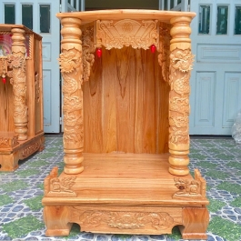 Bàn thờ thần tài ông địa gỗ xoan đào ngang 48cm x cao 68cm quỳ trụ 2 màu Vàng nhạt, Đỏ