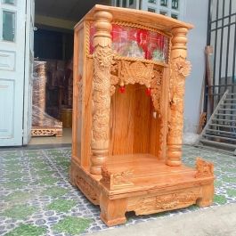 Bàn thờ thần tài ông địa gỗ xoan đào ngang 60cm x cao 98cm quỳ trụ hộp điện tử - Vàng