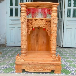 Bàn thờ thần tài ông địa gỗ xoan đào ngang 60cm x cao 97cm quỳ trụ hộp đèn cột 10cm - màu vàng nhạt