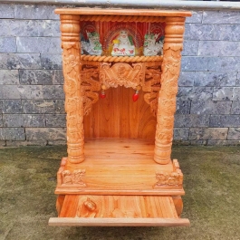 Bàn thờ thần tài thổ địa gỗ xoan đào quỳ trụ hộp điện tử ngang 48cm x cao 88cm - màu Vàng nhạt