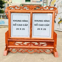 Khung ảnh đôi thờ gia tiên 20cmx25cm gỗ hương chạm khắc ép kính viền hoa cao cấp cao để vừa hình