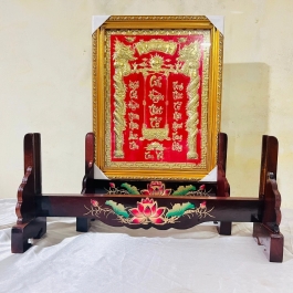 Giá để khung ảnh, khung tăng giảm hình thờ gỗ tràm bông vàng sơn PU chống mối mọt và cẩn hoa sen - cỡ ngang 35cm