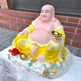 [14inch] Tượng phật Di Lặc cầm thỏi vàng bằng đá Việt Nam ngang 35cm – màu vàng 