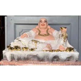 [17inch] Tượng Phật Di Lặc Cầm Thỏi Vàng Bằng Đá Nhập Khẩu Cao Cấp Ngang 44cm - Màu Trắng