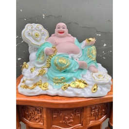 [16inch] Tượng Phật Di Lặc Mẫu Như Ý Cầm Thỏi Vàng bằng Đá Nhập Khẩu ngang 38cm - Xanh