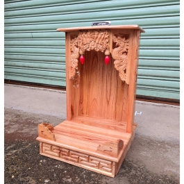 Bàn thờ thần tài ông địa gỗ xoan ngang 38cm x cao 57cm lọng – Đỏ và Vàng