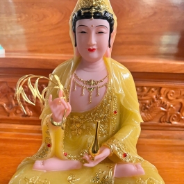 [12inch] Tượng Phật Quan Âm Ngồi Đài Sen Cao 30cm Đá Nhập Khẩu -Màu Vàng