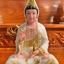 [12inch] Tượng Phật Quan Âm Ngồi Đài Sen Cao 30cm Đá Nhập Khẩu -Màu Trắng