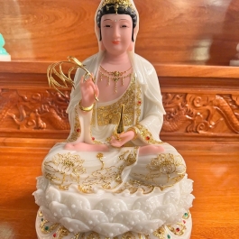 [12inch] Tượng Phật Quan Âm Ngồi Đài Sen Cao 30cm Đá Nhập Khẩu -Màu Trắng