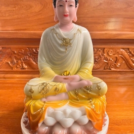 [12inch] Tượng Phật Thích Ca Ngồi Đài Sen Cao 30cm Đá Nhập Khẩu - Màu Trắng phối Vàng