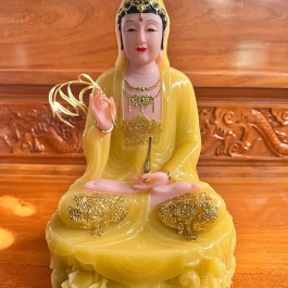 [12inch] Tượng Phật Quan Âm Ngồi Đài Sen Cao 30cm Đá Nhập Khẩu -Màu Vàng