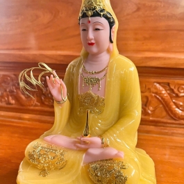 [12inch] Tượng Phật Quan Âm Ngồi Đài Sen Cao 30cm Đá Nhập Khẩu -Màu Vàng