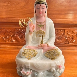 [12inch] Tượng Phật Quan Âm Ngồi Đài Sen Cao 30cm Đá Nhập Khẩu -Màu Trắng