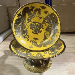 Đĩa sứ đựng trái cây thờ cúng vàng 3D đường kính 25 cm