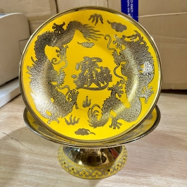 Đĩa sứ đựng trái cây thờ cúng vàng 3D đường kính 25 cm