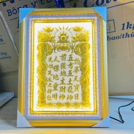 [38x48] Bài vị Thần Tài Thổ Địa Mạ Vàng 24K Khung Gỗ Vàng Nền Trắng Cao 48cm x Ngang 38cm - Có Đèn
