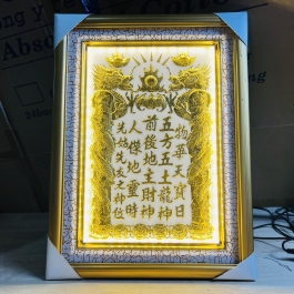 [38x48] Bài vị Thần Tài Thổ Địa Mạ Vàng 24K Khung Gỗ Vàng Nền Trắng Cao 48cm x Ngang 38cm - Có Đèn