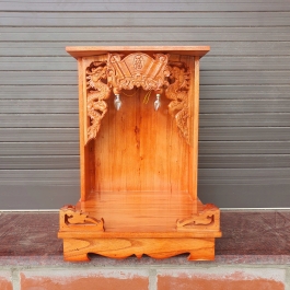 Bàn thờ thần tài ông địa gỗ xoan đào ngang 35cm lọng cực đẹp rẻ và bền bỉ hai màu vàng nhạt và đỏ