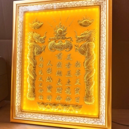 [38x48] Bài vị Thần tài thổ địa Dát vàng Khung gỗ vàng Nền vàng Ngang 38cm x Cao 48cm - Có Đèn