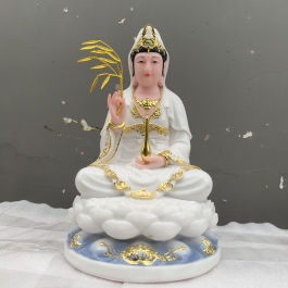 Tượng Phật Quan Âm ngồi đài sen đá Việt Nam cao cấp cao 30cm – Màu trắng