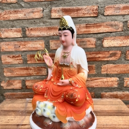 [12inch] Tượng Quan Thế Âm Bồ Tát Mẫu Áo Gấm Bằng Đá Hàng Nhập Khẩu Cao 30cm - Màu Cam