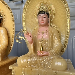 [16inch] Tượng Quan Thế Âm Bồ Tát Đá Nhập Khẩu Cao Cấp Đế Vuông Cao 40cm - Màu Vàng