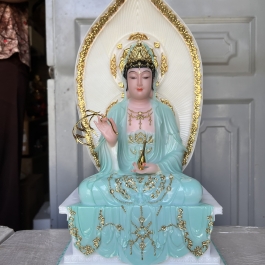 [16inch] Tượng Quan Thế Âm Bồ Tát Đá Nhập Khẩu Cao Cấp Đế Vuông Cao 40cm - Màu Xanh