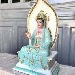 [16inch] Tượng Quan Thế Âm Bồ Tát Đá Nhập Khẩu Cao Cấp Đế Vuông Cao 40cm - Màu Xanh