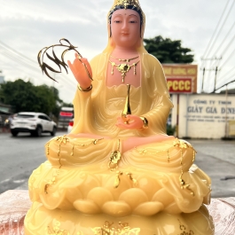 Tượng Quan Âm ngồi đài sen đá nhập khẩu cao cấp cao 30cm – Màu Vàng