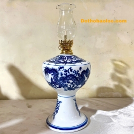 Đèn thờ dầu hoạ tiết Rồng men Lam Trắng gốm sứ Bát Tràng cao 28cm
