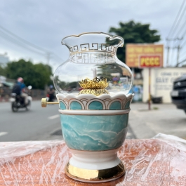 Đèn dầu sứ trắng cao cấp nhập khẩu cao 17.5cm- Xanh