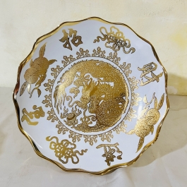 Đĩa sứ đựng trái cây thờ cúng sứ 3D vàng đường kính 23cm