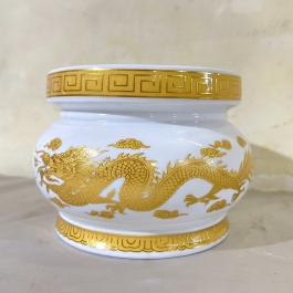 Lư Hương Sứ Trắng Rồng Vàng Hoa Văn Cao Cấp - Cao 7.5cm Ngang 8.5cm
