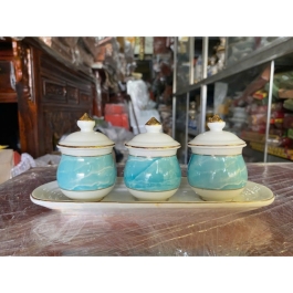 Chum Nước, Áng Nước Sứ Hoạ Tiết Đá Hoa Cương Có Nắp 3 Ly - Màu Xanh