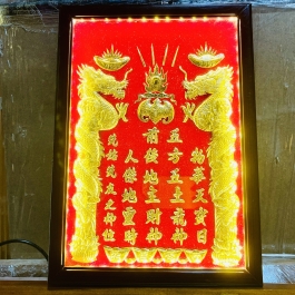 [25x35] Bài Vị Thần Tài Thổ Địa Dát Vàng Khung Gỗ Nền Đỏ Cao 35cm x Ngang 25cm - Có đèn