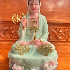 Tượng Phật Quan Âm Ngồi Đài Sen Cao 30cm Đá Nhập Khẩu -Màu Xanh Ngọc