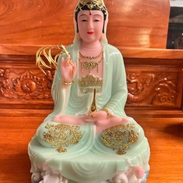 Tượng Phật Quan Âm Ngồi Đài Sen Cao 30cm Đá Nhập Khẩu -Màu Xanh Ngọc