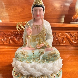 Tượng Phật Quan Âm Ngồi Đài Sen Cao 30cm Đá Nhập Khẩu -Màu Trắng phối Xanh