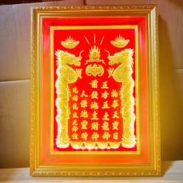 [25x35] Bài vị Thần Tài Thổ Địa Dát Vàng Khung Nhựa Vàng Nền Đỏ Cao 35cm x Ngang 25cm - Có Đèn