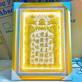 [30x38] Bài Vị Thần Tài Thổ Địa Dát Vàng 24K Khung Gỗ Vàng Nền Trắng 30cm x 38cm - Có đèn