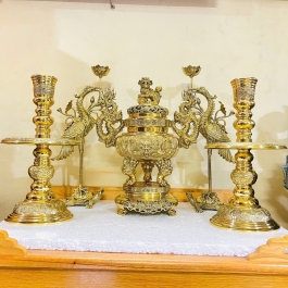 Bộ Ngũ Sự Đỉnh Tròn Bằng Đồng Cao 35cm thương hiệu Vĩnh Tiến sản xuất tại Việt Nam ( Bộ số 1)