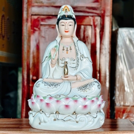 Tượng Quan Âm Bồ Tát Ngồi Đế Sen Hồng bằng Sứ Cao Cấp 