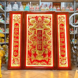 Tranh Cửu Huyền Thất Tổ Bằng Đồng Khung Gỗ Đỏ cao 1m27 – Có đèn